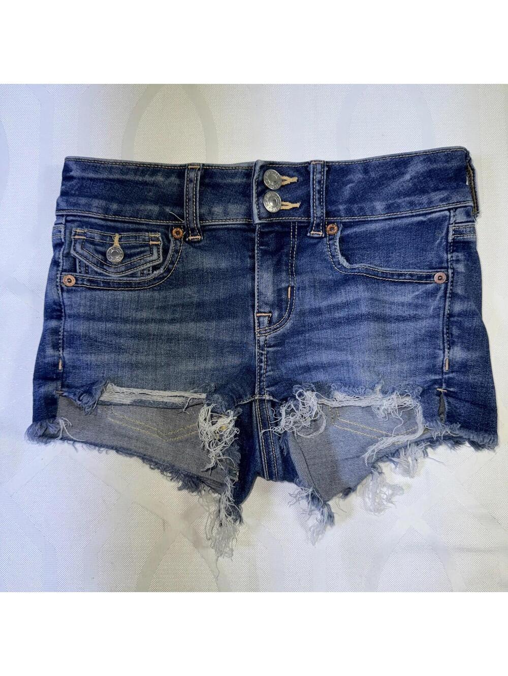 American Eagle Next Level Stretch Shortie Shorts Women's Size 00 Distressed Blue
